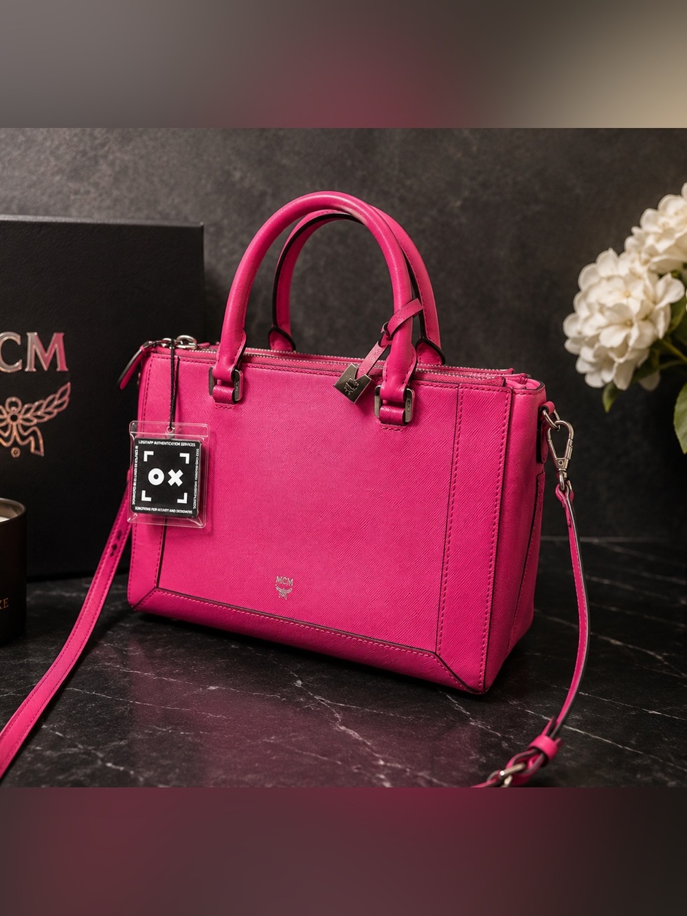 MCM Hot Pink Saffiano Leather Double Zip Satchel Crossbody Bag COA & Dust Bag - Picture 2 of 8